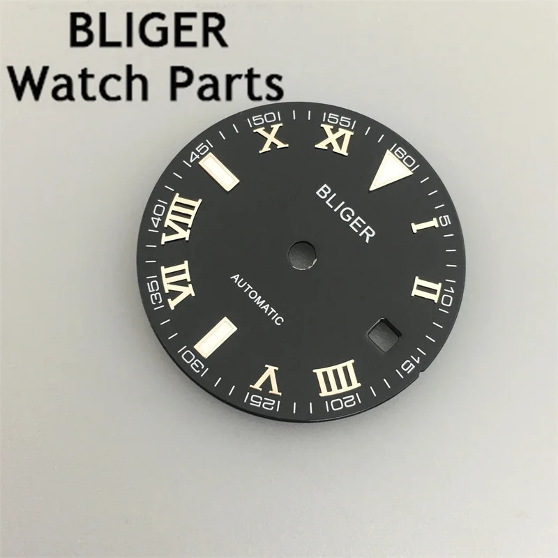 Bliger สาย NH35สะท้อนแสงสีดำขนาด29มม., หน้าปัดทองคำสีกุหลาบหน้าปัดสีเงิน