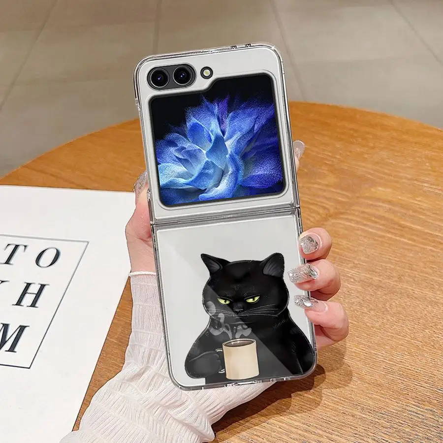 Phone Funda Case for Samsung Galaxy Z Flip 8 Flip5 Flip6 Flip4 Z Flip 7 6 5 4 3 Flip3 Flip7 FE Black Cat Coffee