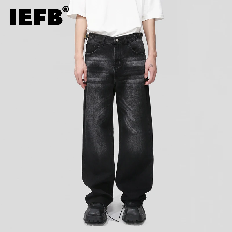 

IEFB Men's Vintage Jeans Fashion Washed Ragged Hem Loose Straight Leg Denim Pants Autumn New Male Baggy Worn Out Trousers 9A8628