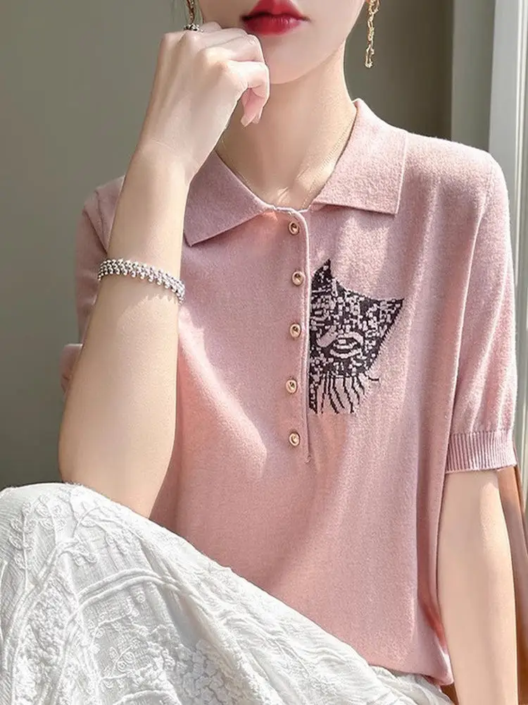 เสื้อยืดไหมพรมถักสไตล์เกาหลี ลายการ์ตูน โลโก้ใหม่ สำหรับผู้หญิง ใส่สบายๆ ในฤดูร้อน