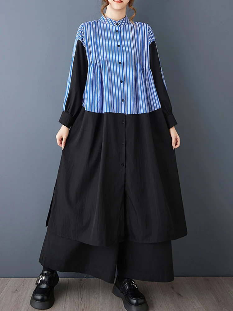 ストライプパッチワークオーバーサイズシャツワンピース レディース 新作 長袖 ルーズ カジュアル ミディ丈ワンピース エレガントな服 春秋 2025