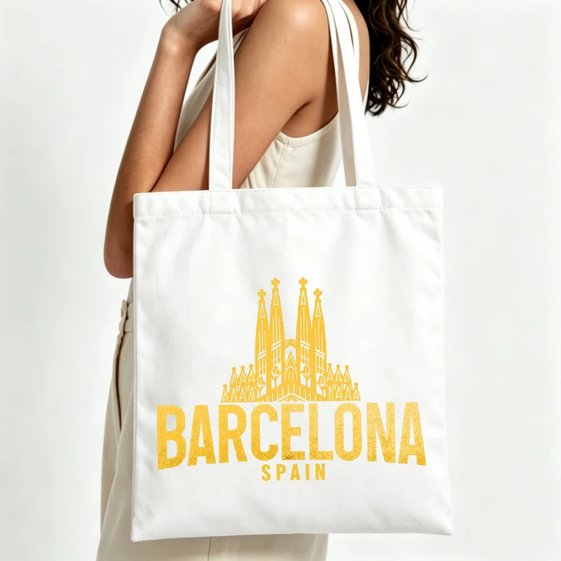 Women's church building graphic canvas tote bag with typography print, ideal for casual daily use and summer outings