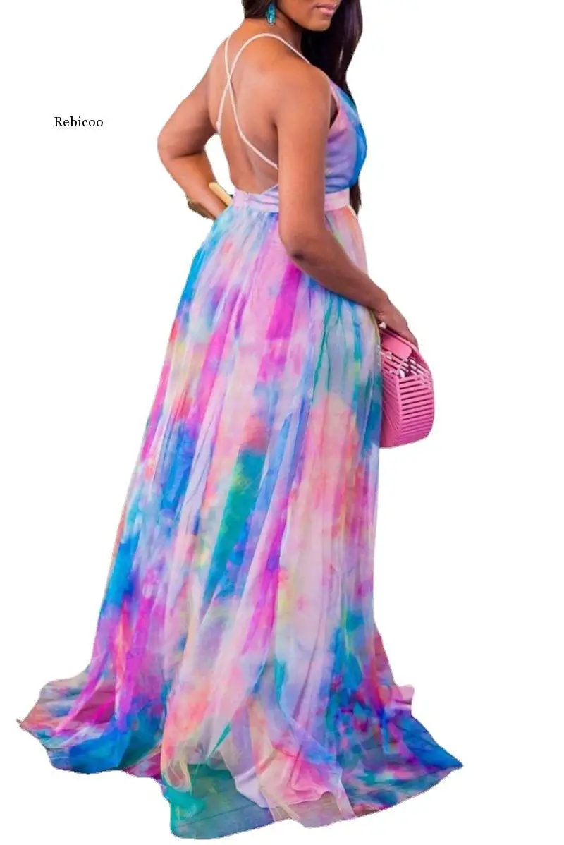 Kleur Blok V-Hals Vrouwen Maxi Jurk Tot Vloer Lange Strandjas Afrikaanse Feest Vakantie Zomerjurken Sexy Rugloos