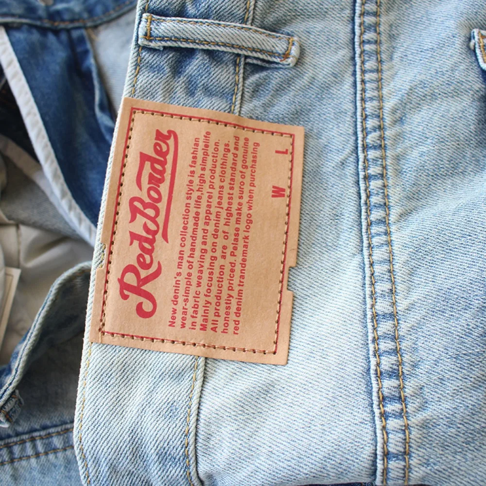 Contrast color pocket embroidery printing washing and worn edged summer men's straight loose denim five-point pants