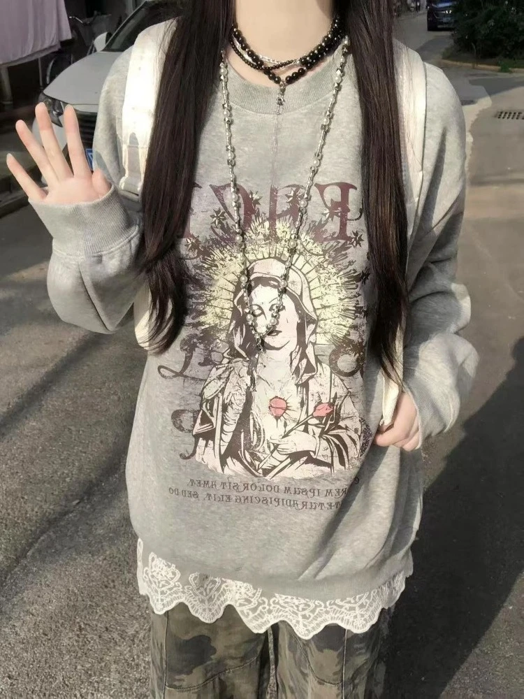 ثقافة فرعية يابانية كم طويل هوديي المرأة ملابس الشارع الشهير عادية البلوز الأمريكية خمر القوطية طباعة س الرقبة ضئيلة 2025 الخريف