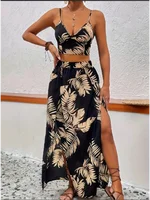 Conjunto de vestido estampado sin mangas de lujo para mujer, traje elegante de verano con escote en V profundo y tirantes, abertura larga, media falda Sexy