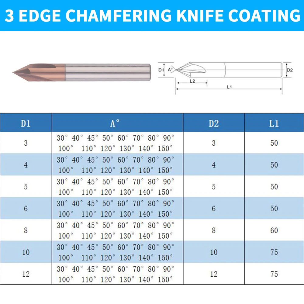 HRC58 Chamfer Milling Cutter 30 40 45 50 60 70 80 90 100 110 120 130 140 150 Degree Carbide Corner Countersink Chamfering Mill