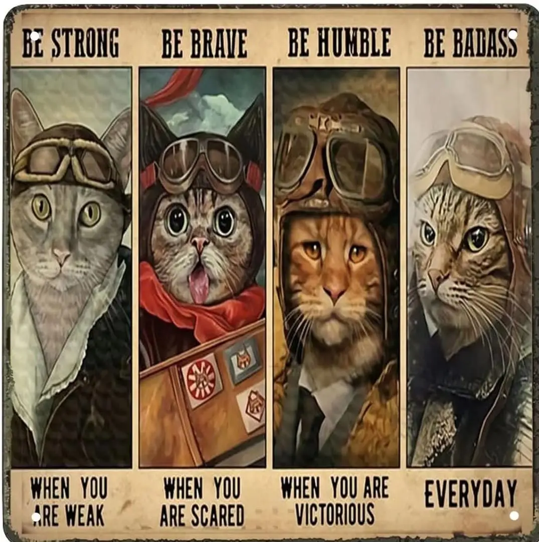 Vintage Wall Poster Metal Plaque Pilot Cats Be Strong Brave Humble Badass Decor Novelty Sign for Living Room Garden Bedroom Off