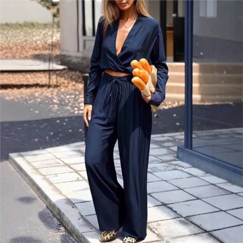 

Autumn New Women's Sets Fashion Casual Long Sleeve V-neck Short Top Lace-up Trousers Office Commuter Lady 2-Piece Outfit