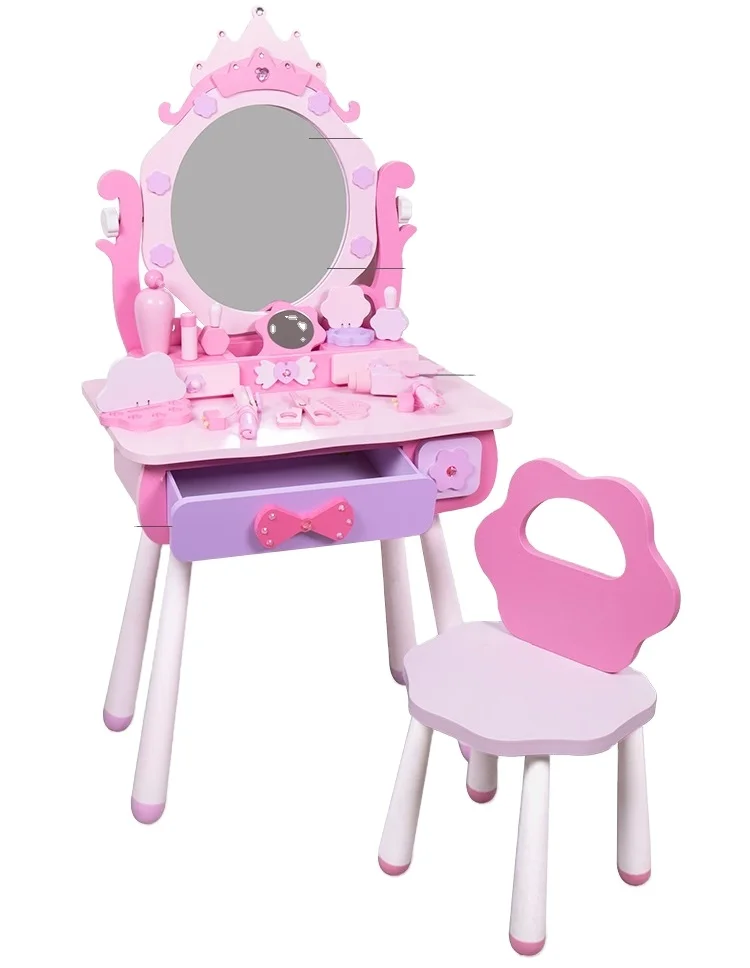 أفضل تصميم طاولة مكياج خشبية وردية جميلة للأطفال #1