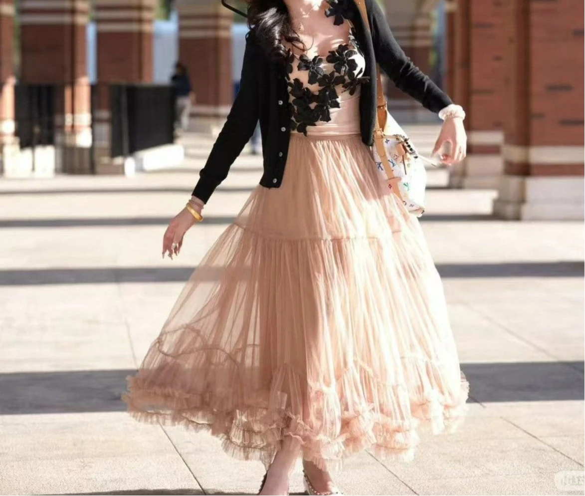 Gonna a rete con design a pendolo grande 2026 Nuova gonna a vita alta e sottile con bordo a fungo con temperamento drappeggiato