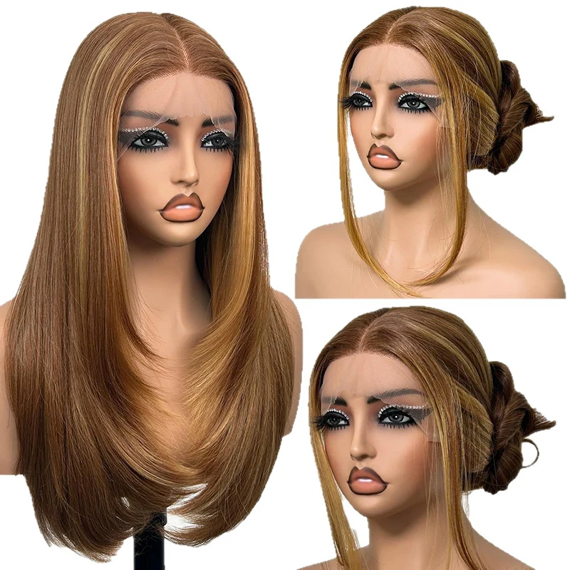 Bola mulher vestido de noite combinar natureza cabelo longo senhora moda diária vestir-se peruca multicolorida jantar festa headwear cabelo reto