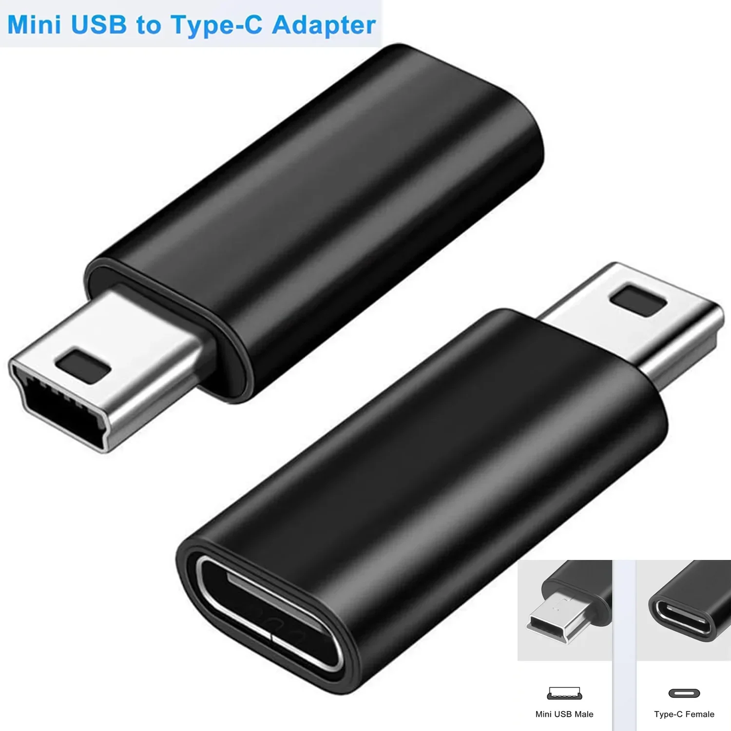 1/2pcs USB C to Mini USB Adapter , Type-C Female to Mini USB Male Converter for GoPro Hero 3+, MP3, Dash Cam, Camera, Black