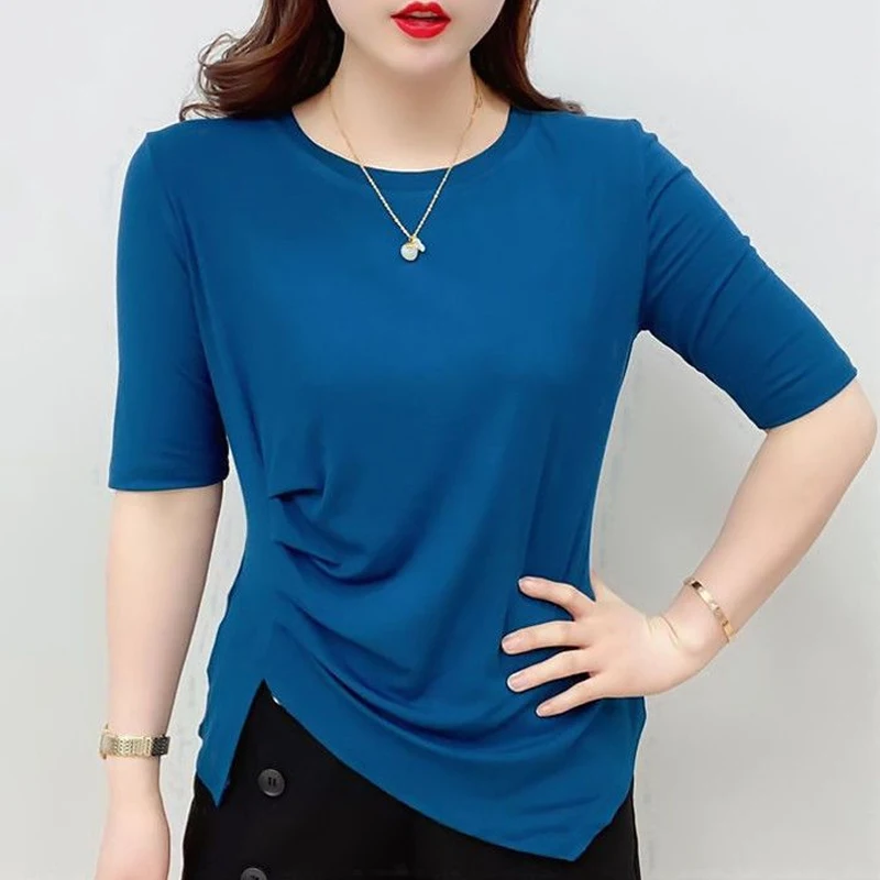 

Summer New Irregular Split Hem T Shirt Tops Half Sleeve Round Neck Solid Color Pullovers Casual Fashion Women Clothing