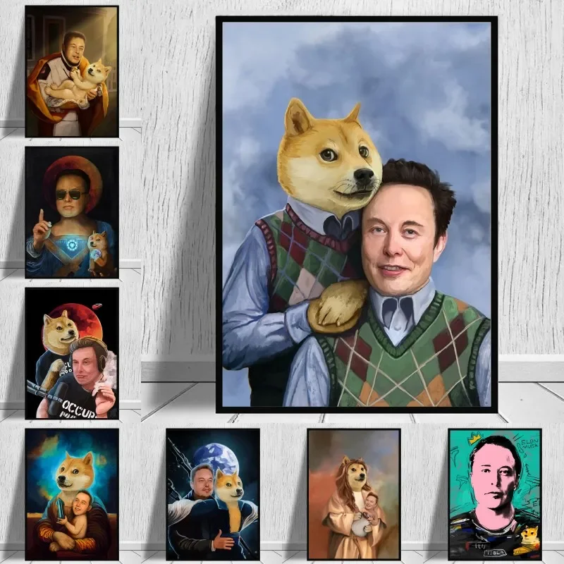 Funny Elon Musk With Dog Memes Poster And Print Canvas Painting Elon on the Podcast Wall Art For Modern Living Room Home Decor