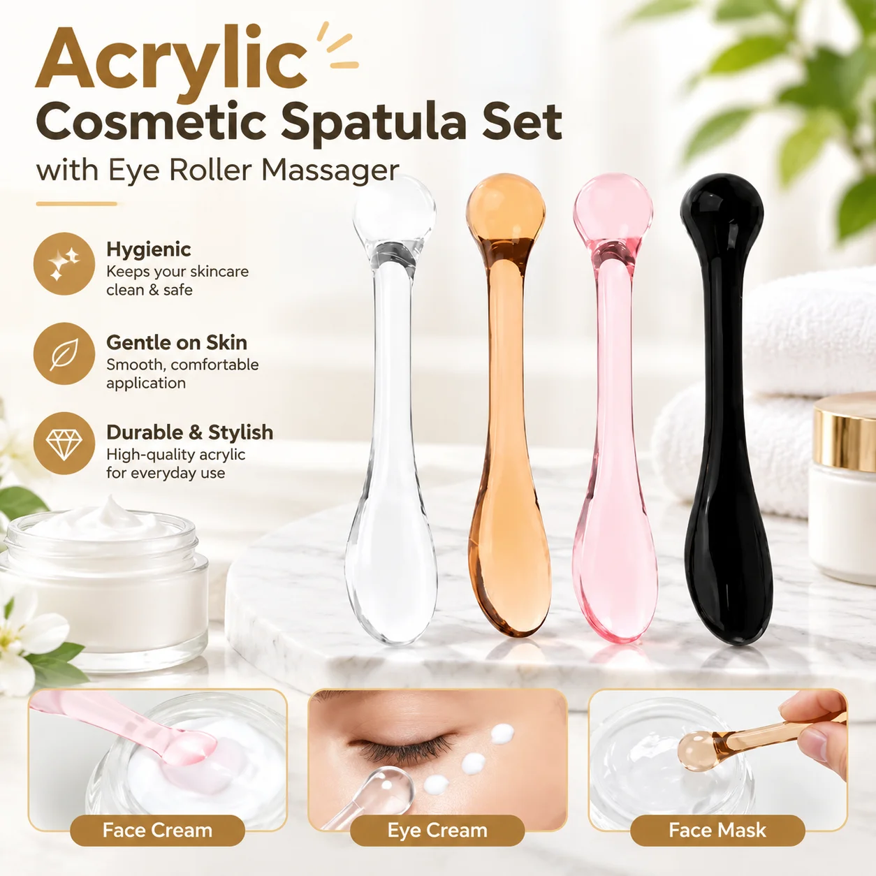 Acrylic Cosmetic Spatula Set with Eye Roller Massager for Face Cream Mask Eye Cream Skincare Application