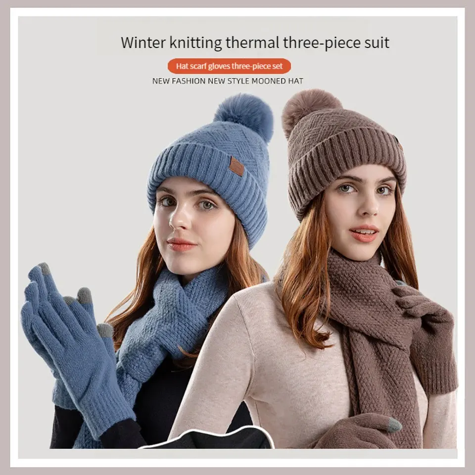 GETINFIT Cappello di lana lavorato a maglia invernale Cappello caldo da donna Sciarpa Guanti Set da tre pezzi Protezione per le orecchie Cappello con fascia Protezione invernale