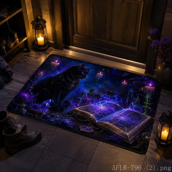 VIKAMA Magic Black Cat Halloween Doormat Non Slip Indoor Outdoor Rug Witch Gothic Spooky Front Entrance Door Mat Welcome Rug
