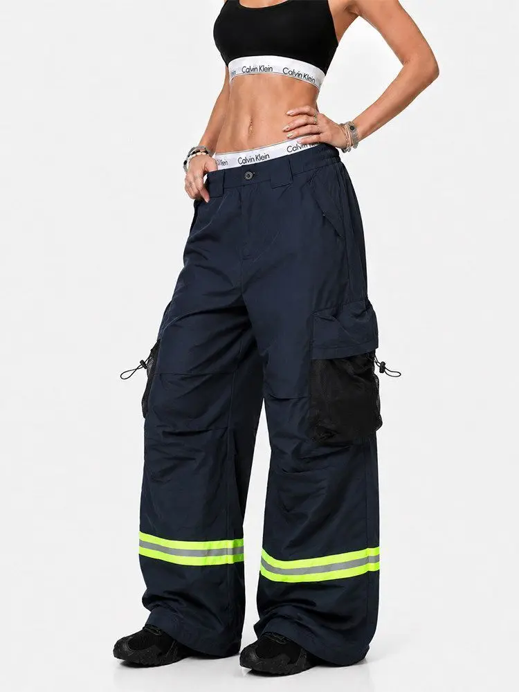 Women's Multi Pocket Reflective Strip Design Pants Summer Bottoms Wide Leg Sweatpants High Waisted Trousers Female Unisex Casual