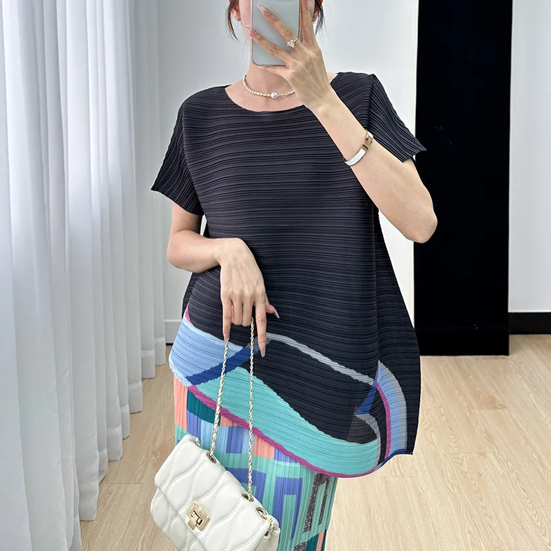 Imagem -04 - Miyake Loose Emagrecimento Temperamento Selvagem Casual e Confortável Simples Impresso Peplum Top para Mulheres Nova T-shirt para o Verão 2023