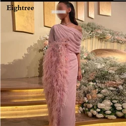 Eightree Pink Chiffion Evening Dress Feathers Elegant Long Vestido De Noche Abendkleider Dubai 2023 Formal Occasion Dresses