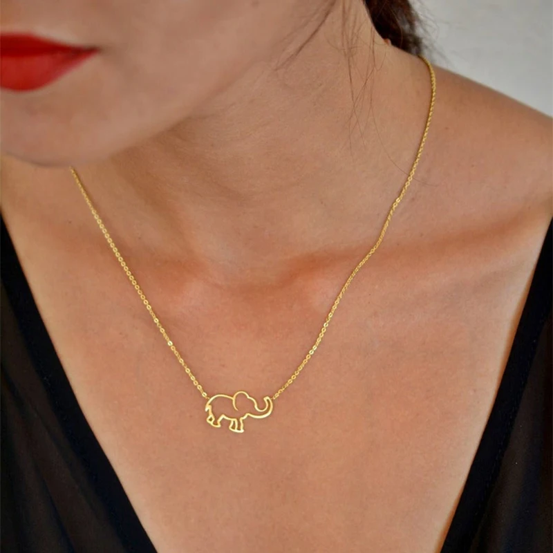 Stainless Steel  Elephant Pendant Necklace For Women Jewelry Geometric Hollow Choker Long Chain Necklaces Collares Para Mujer