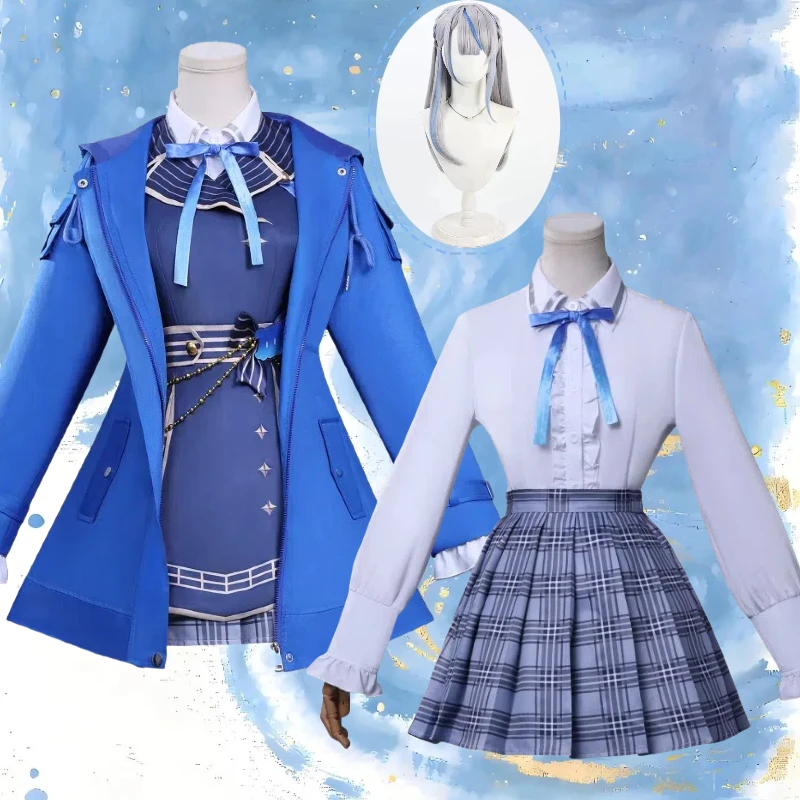 

Anime Amagai Ruka Cosplay Costume White Shirt Blue Top Coat JK Skirt Uniform Virtual Anchor Cos Full Set for Women Theme Party