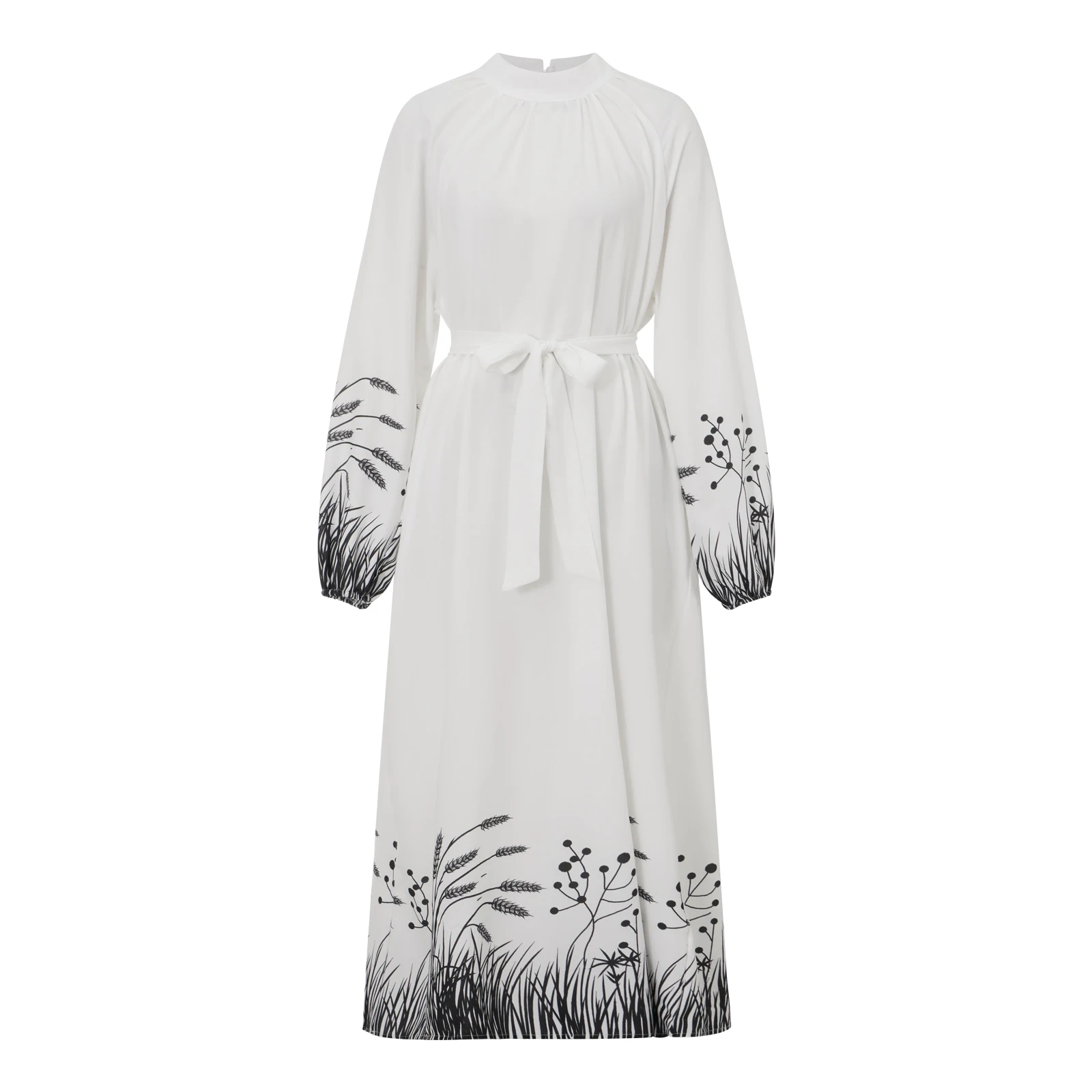 فستان نسائي طويل مع حزام على الطراز الأوسط الشرقي مطبوع عليه نباتي فضفاض مناسب بياقة دائرية وأكمام طويلة #1