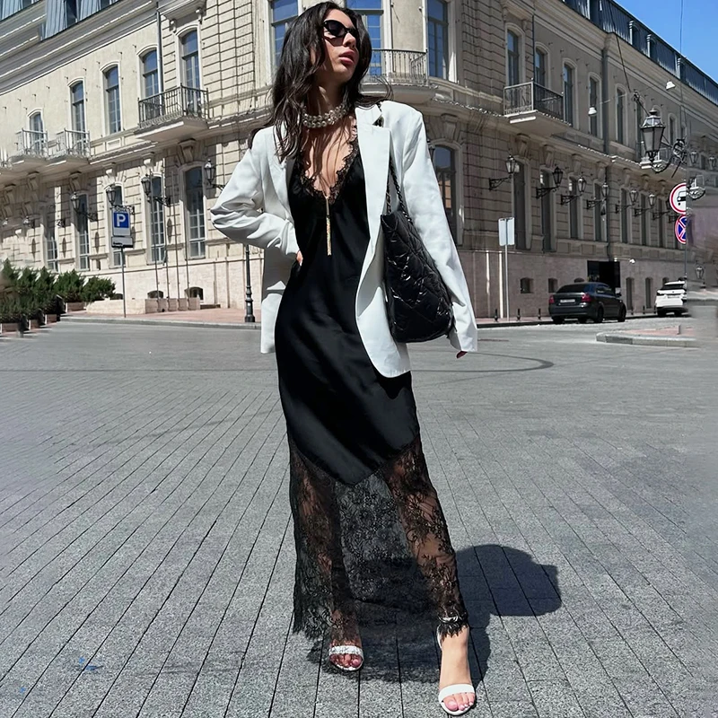 

Tornova Sexy Spaghetti Strap Lace Dress For Women Fashion Splice Elegant Backless Long Dress Slim Vacation Party Female Clothes