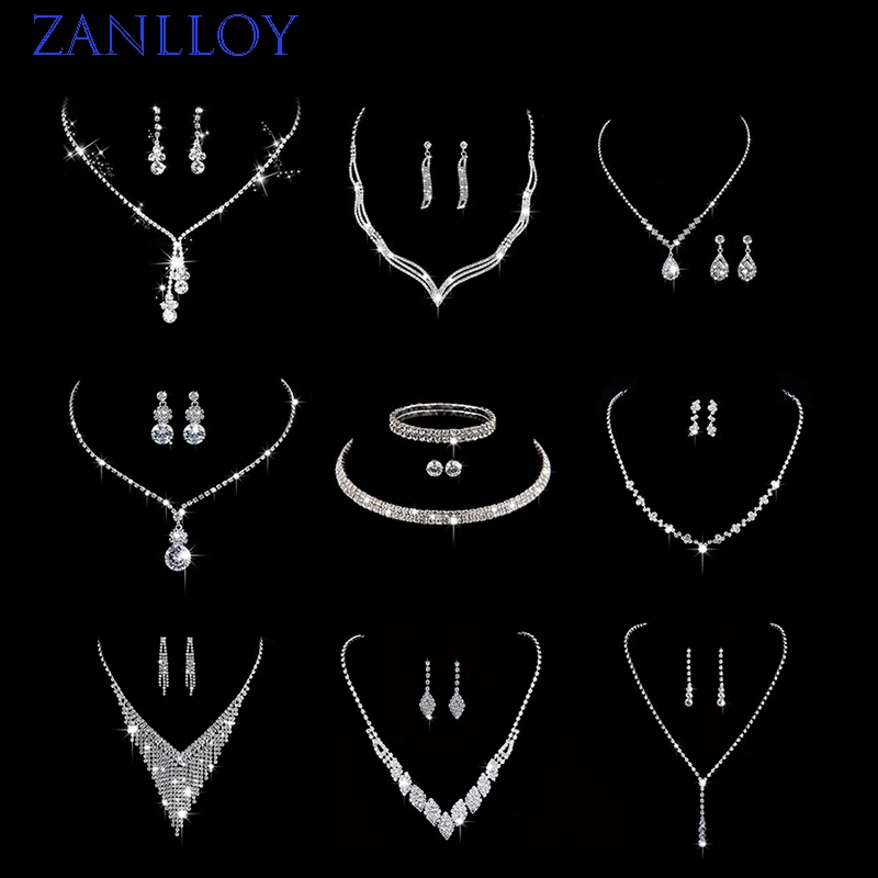 ZANLLOY Bridal Wedding Set Shiny Geometric Rhinestone Tassel Necklace Earrings Women\'s Jewelry Set Wedding Party Gifts