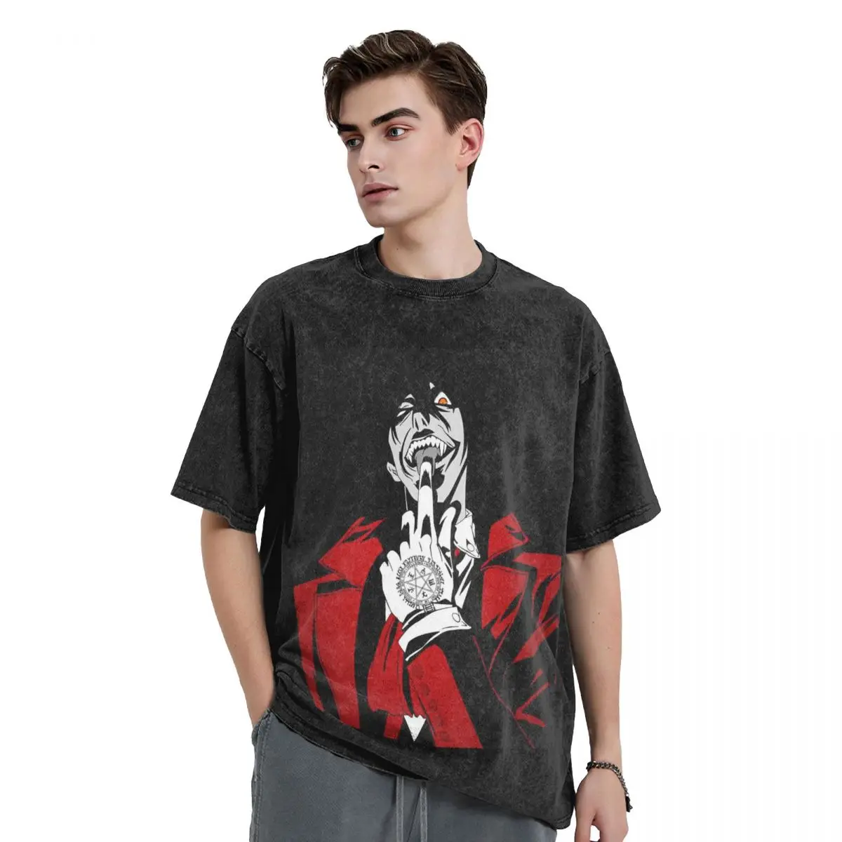 

Alucard Hellsing Манга стираные футболки большого размера с коротким рукавом футболка в стиле хип-хоп уличная одежда топы футболки для мужчин женщин