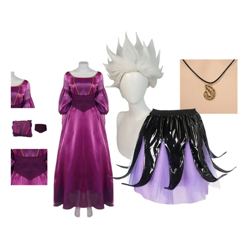 Ursula Cosplay Costume Women Dress Skirt Necklace Wig Witch Roleplay Fantasia Outfits Halloween Carnival Party Suit