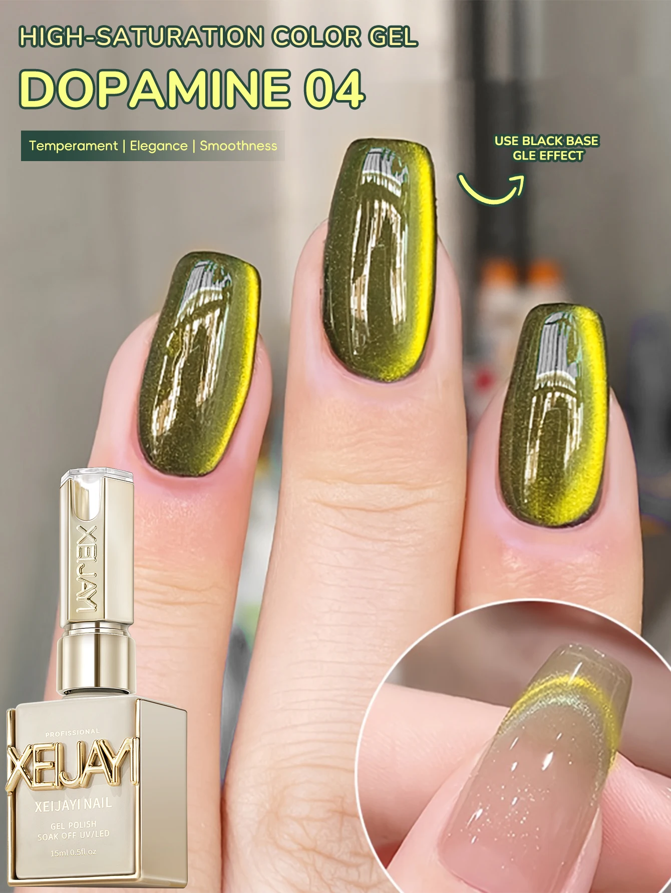 XEIJAYI 1 Stück 15 ml grüner Cat-Eye-Gel-Nagellack, glitzernder magnetischer Nail-Art-Lack, UV/LED-Lampe erforderlich, für Frauen, Heim-Salon-Nagel