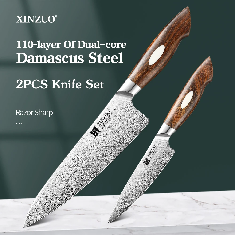 XINZUO 2PCS Knives Set Damascus Steel Higher Quality Chef Utility Knife Damascus Steel Pattern Multifunctional Chef's Knife