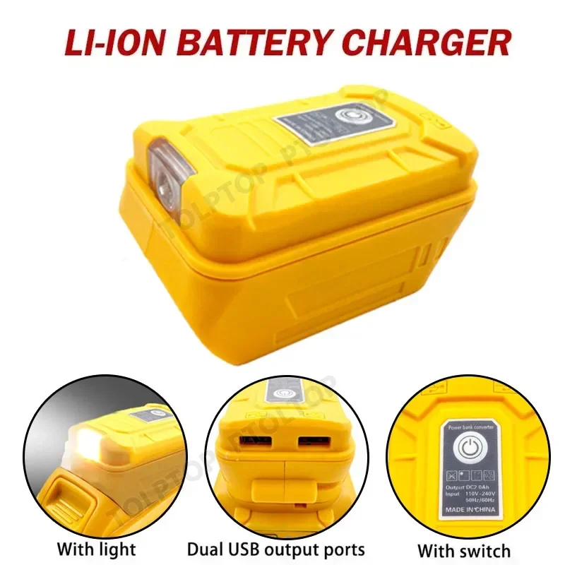 USB Charger Adapter for Dewalt 18V 20V Li-ion Battery with Dual USB and Light Fast Charging DCB200 DCB205 (without battery)