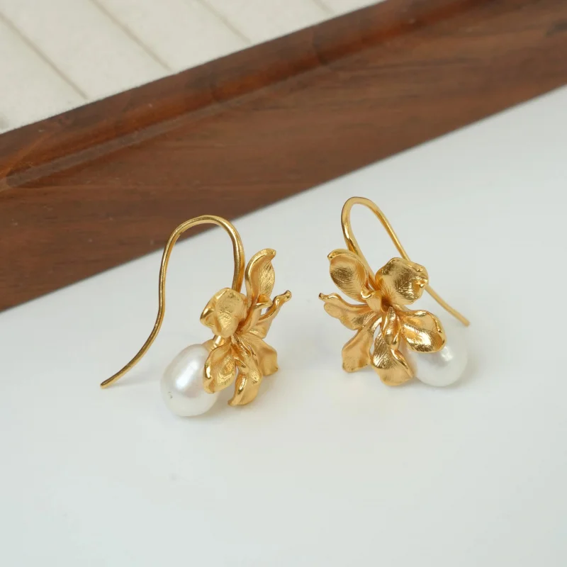 Litheline 24K Gold Plated Brass Iris Flower Fish Hook Earrings, Baroque Pearl Lead-Nickel-Sensitive Piercings Friendly view 3