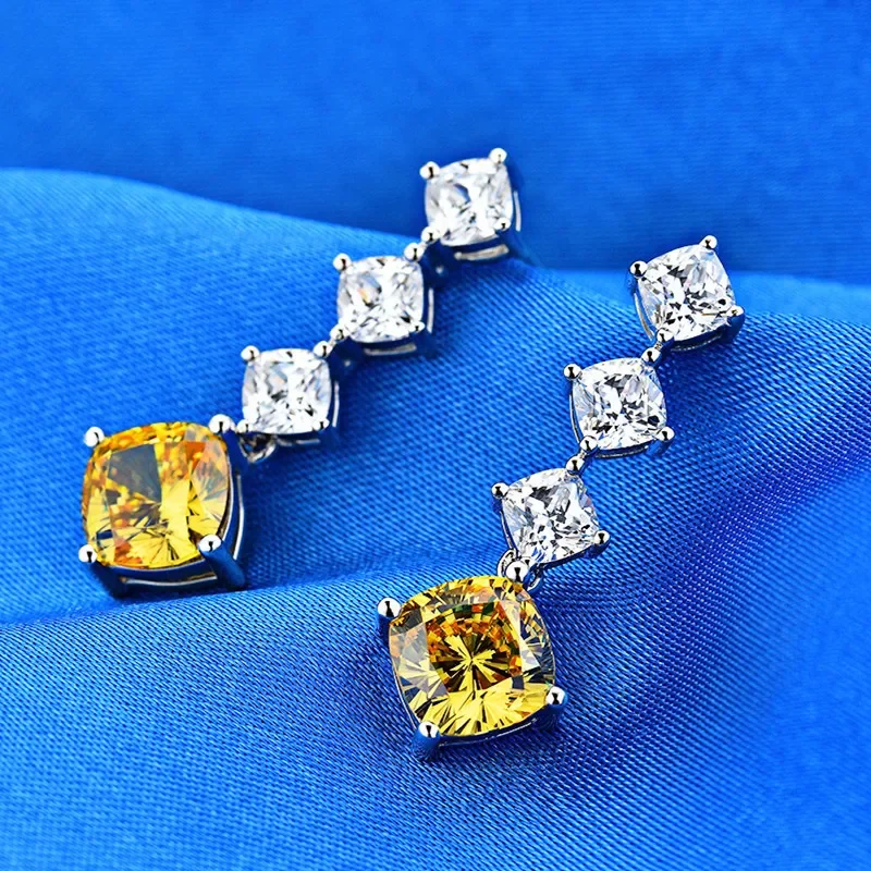 Solid 14K White Gold AU585 Platinum PT950 Women's diamond earrings set with fat square yellow diamond ear dangles