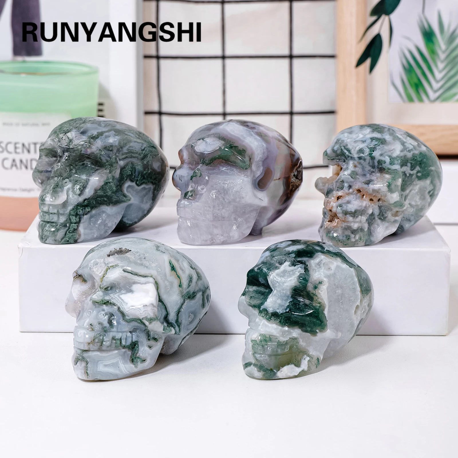 1PC Natural Crystal Moss Agate Skull Hand Engraving Crystal Polishing Reiki Healing Crystal Cranium Home Decoration