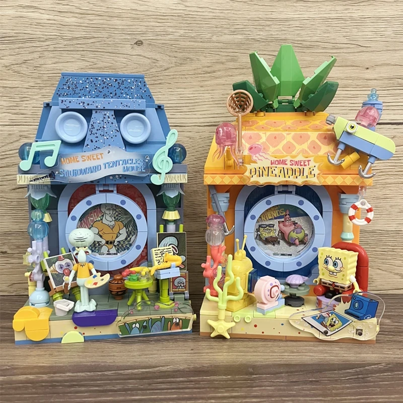 Juego de bloques de construcción de Bob Esponja, casa de ancla de restaurante de piña, casa de árbol, habitación, modelo de ladrillos, juguetes DIY para niños, regalos de vacaciones