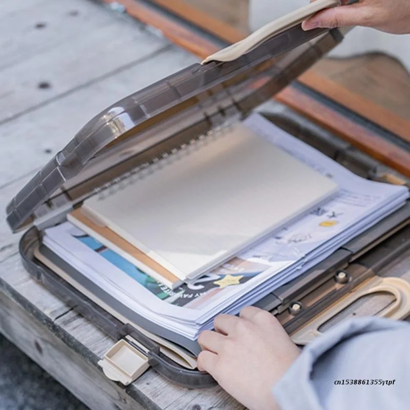 Portable File Box Plastic Transparent Pencil Case A4 Folder with Lock Handle Documents Bag Stationery Storage Case