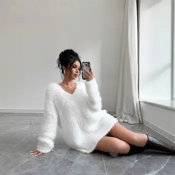 圓領長袖女式絨毛洋裝毛衣秋冬新款跨國時尚優雅女裝 6 最佳銷售 冬季女裝 - №1