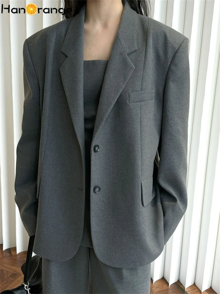 HanOrange 2025 Spring Wide Shoulder Shaped Suit Jacket Women Simple Relaxation Casual Coat Blazer Mixed Gray/Light Khaki