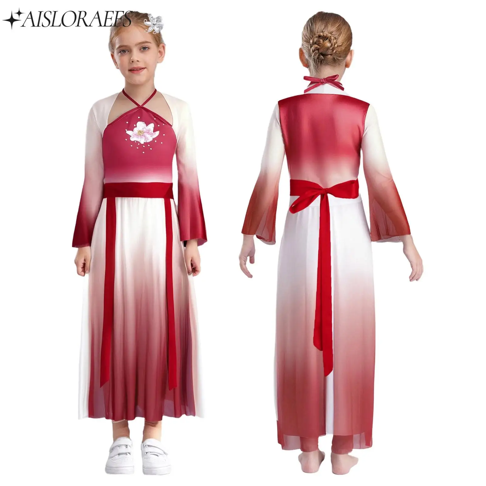 

Kids Girls Classical Lyrical Dance Performance Costume Flared Sleeve Split Mesh Dress Pants Belt Headwear Set for Birthday Party