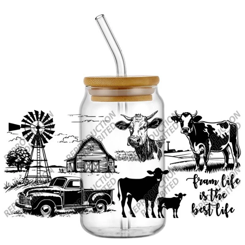 Farm Life Cow Black Pattern Uv Dtf Wraps Transfer Sticker Diy For 16oz Libbey Glass Cup Waterproof Cup Wrap Transfers Decals
