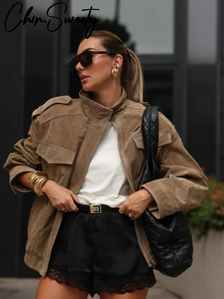 

Элегантная замшевая однотонная женская куртка, повседневное женское пальто с воротником-стойкой и молнией, карманом и длинными рукавами, осень 202, женская верхняя одежда, новинка