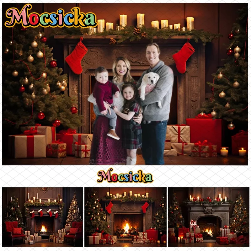 

Mocsicka Christmas Fireplace Photography Background Xmas Tree Gift Decoration Kids Birthday Portrait Backdrop Photo Studio Props