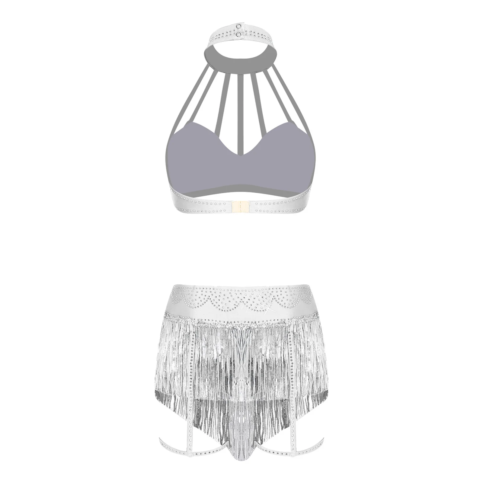 Women Sexy Belly Dance Costume Glittery Rhinestone Halter Cage Crop Tops Tassel Briefs with Garter Thigh Bands Carnival Clubwear