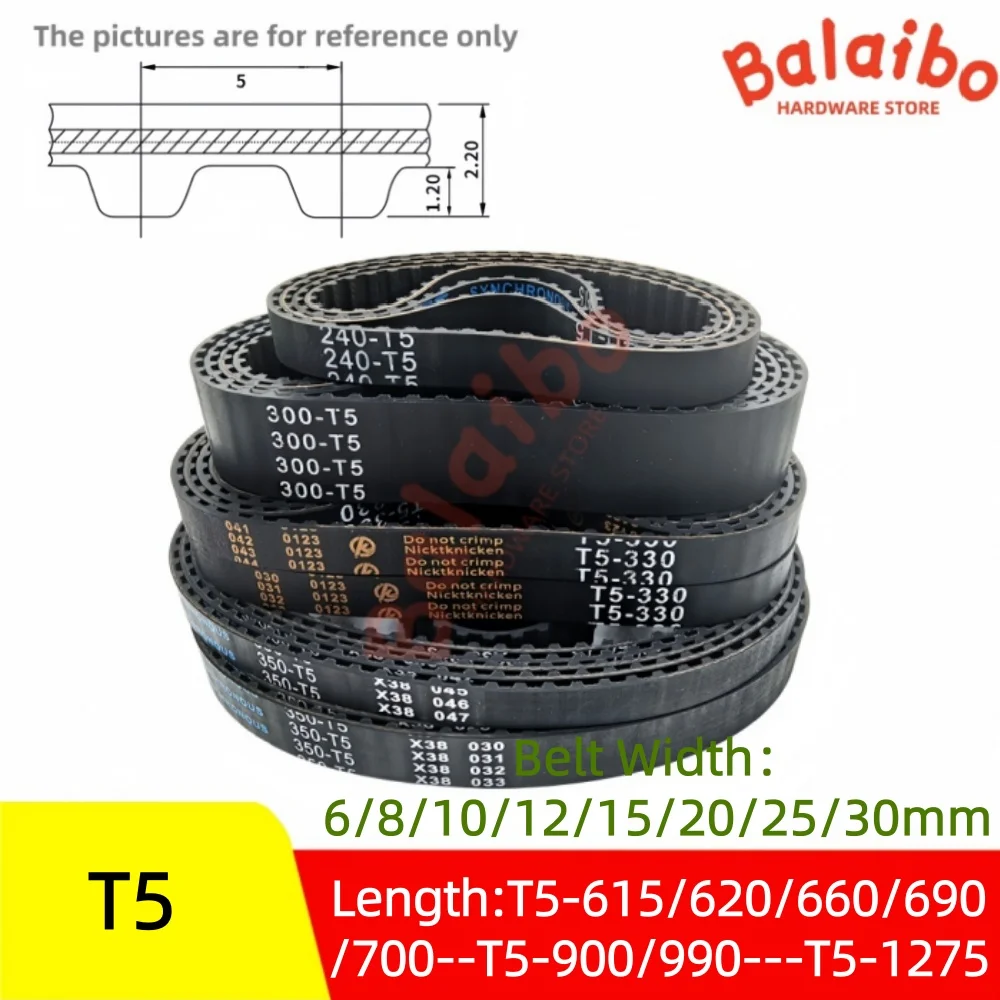 High Torque Rubber  T5 Timing Belt Width 6/8/10/12/15/20/25/30mm Length T5-615/620/660/690/700/720/725--900/990---T5-1275