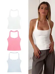 2024 Summer New Woman Solid Halter Neck Camis Sleeveless Slim Short Tops Wild Sexy Party Chic Elegant Women's Top Y2k