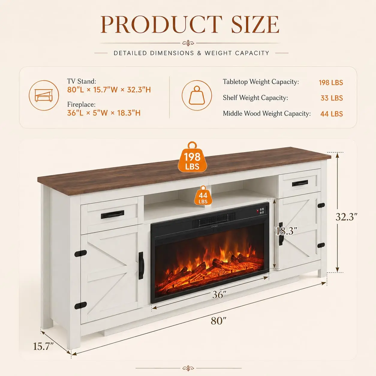 Farmhouse TV Stand with Barn Door & Fireplace, 80 inch White Entertainment Center for Living Room, Customized